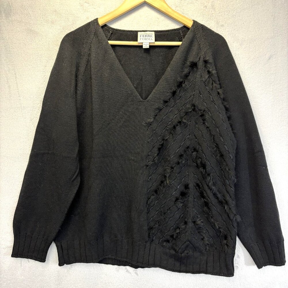 Gianfranco Ferre Forma Wool Blend Sweater Italy Made Womens 22 Black Fur Fringe